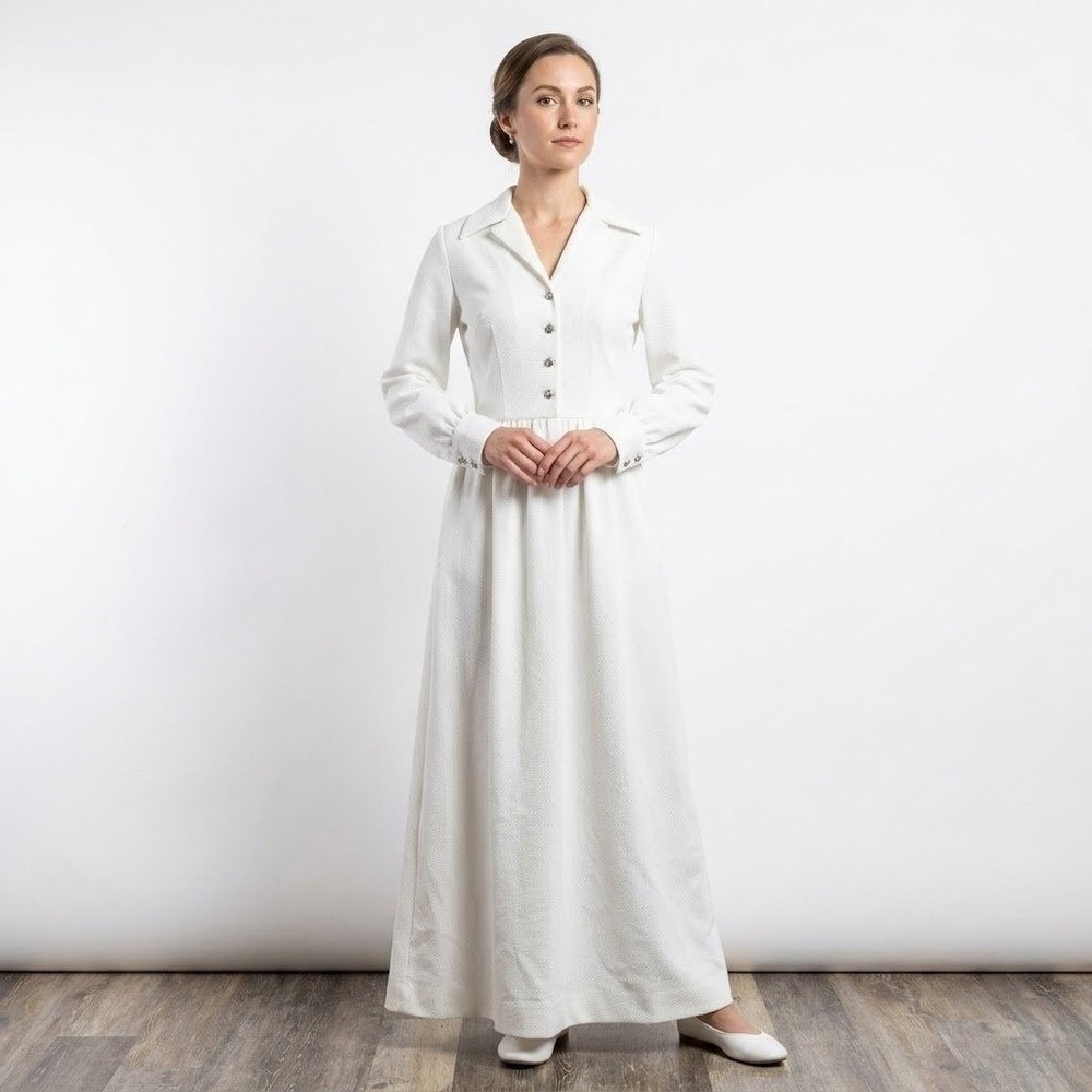 Vintage Maxi Dress Womens XS White Textured Long Sleeve Mod Bridal Gown Modest